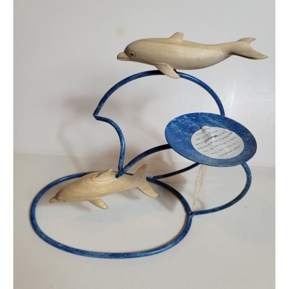 Dolphin Candle Holder Wooden Hand Carved Blue Asia Overland Balinese